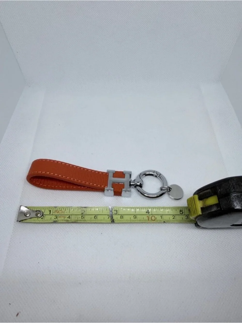 Orange Leather H Design Key Fob Bag Charm Silver Hardware 0896